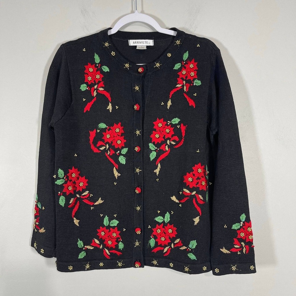 Arriviste Christmas Cardigan Sweater Womens Small Black Red Poinsettias Bows‎